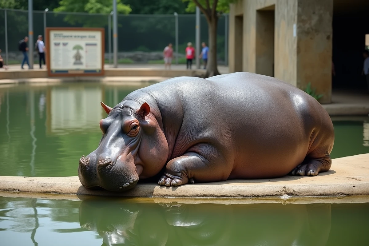 Hippopotame en captivité dans un zoo reposant près de l'eau, avec panneau informatif sur son poids en arrière-plan