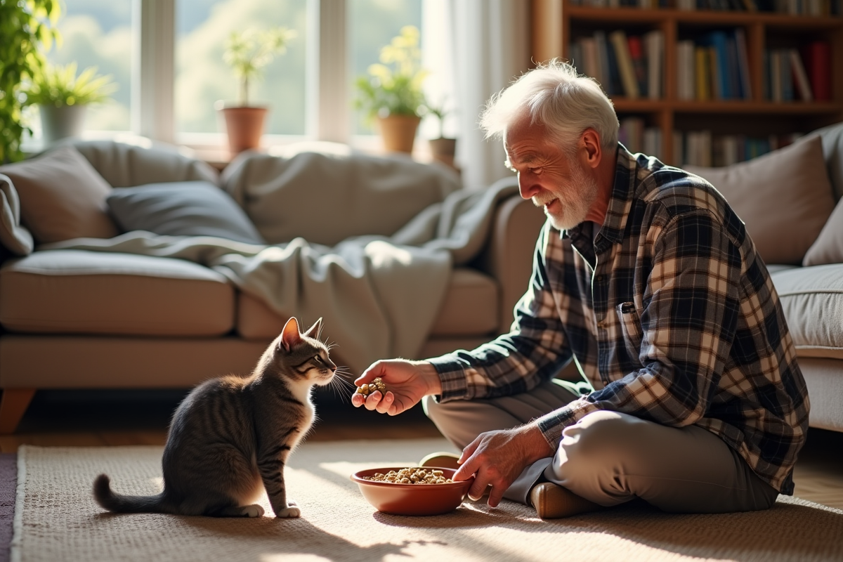 Homme âgé offre de la nourriture à son chat dans le salon ensoleille