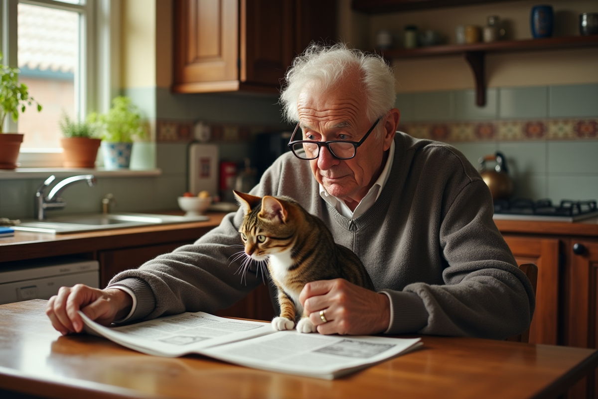 Homme âgé caressant un chat calico dans la cuisine