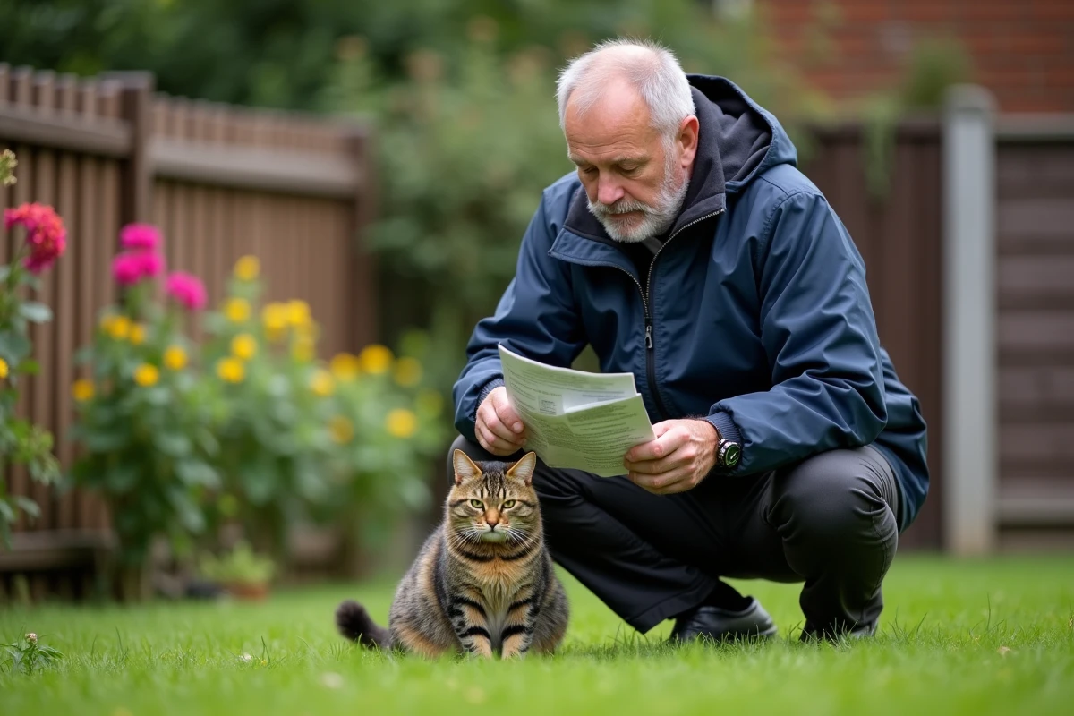 Homme lisant un guide pour animaux dans un jardin