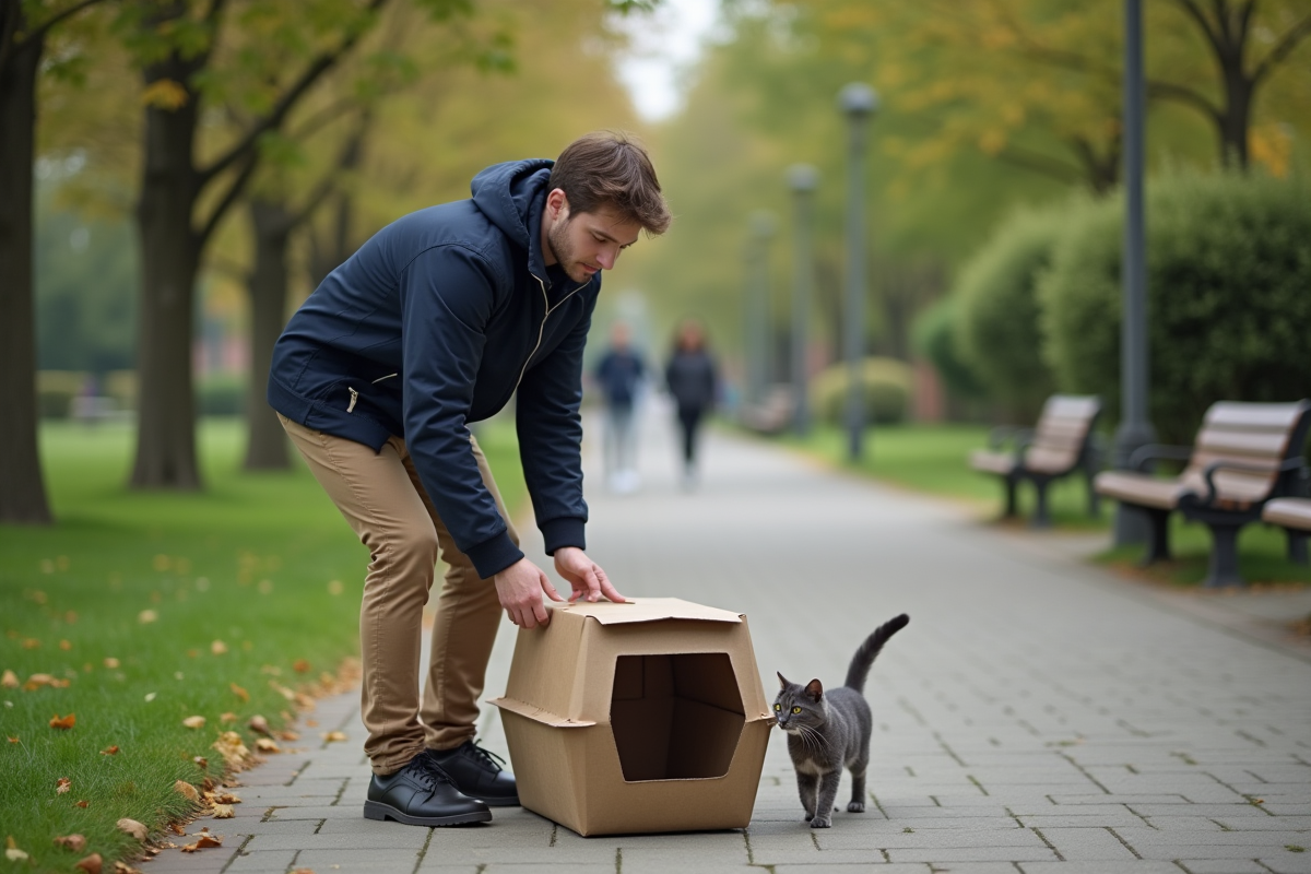 Jeune homme avec chat dans un parc urbain