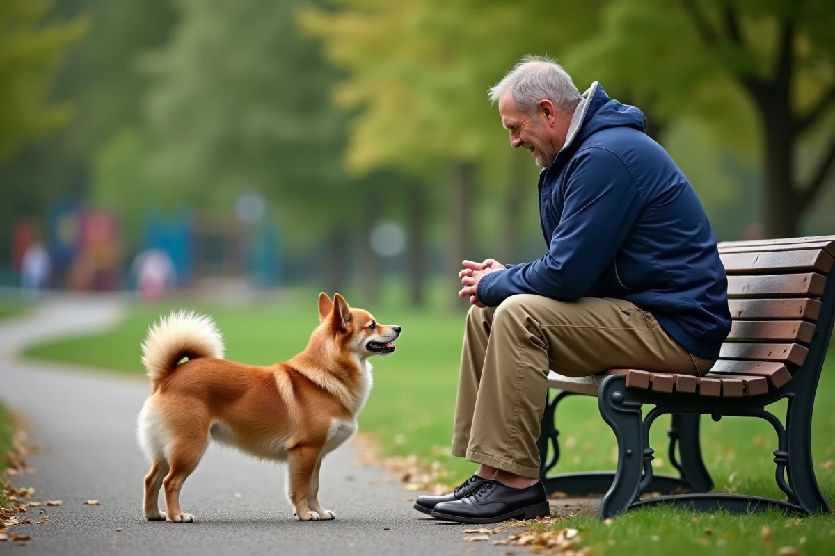 Homme assis dans un parc avec un chien chihuahua curieux