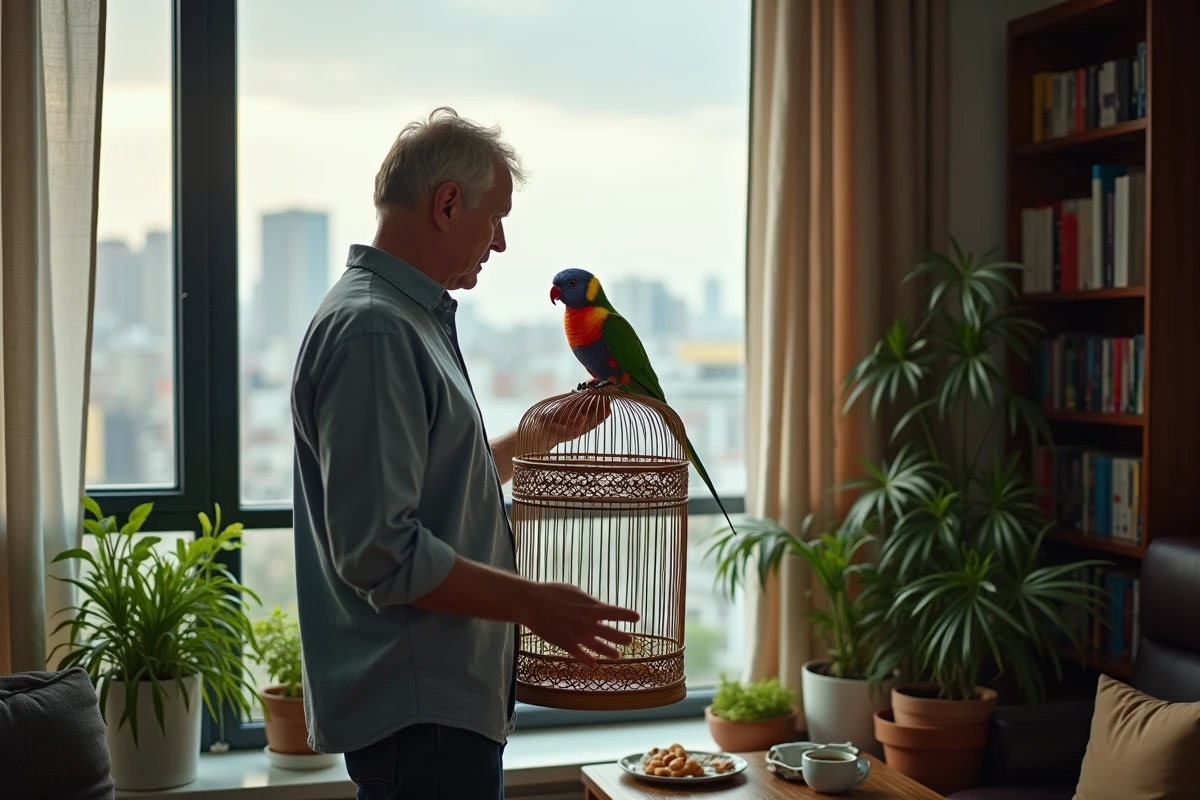 Homme tenant une cage à oiseaux dans un appartement urbain