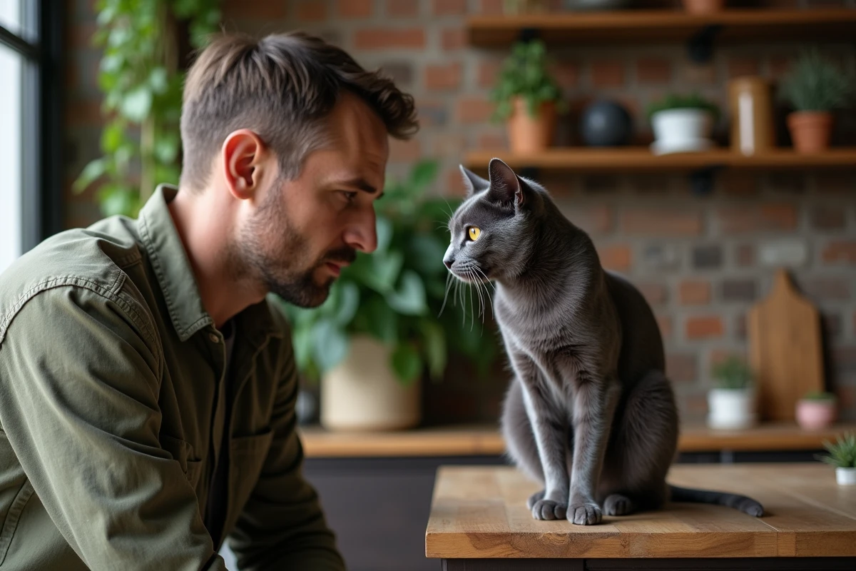 Homme et chat domestique dans un appartement urbain tendance, reflétant les nouvelles relations humain-animal en 2026