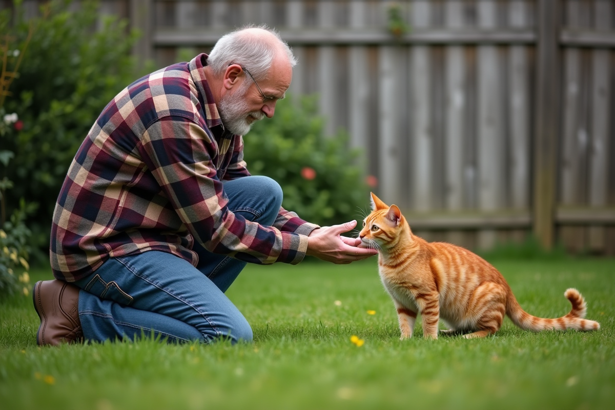 Homme avec chat dans un jardin en plein air