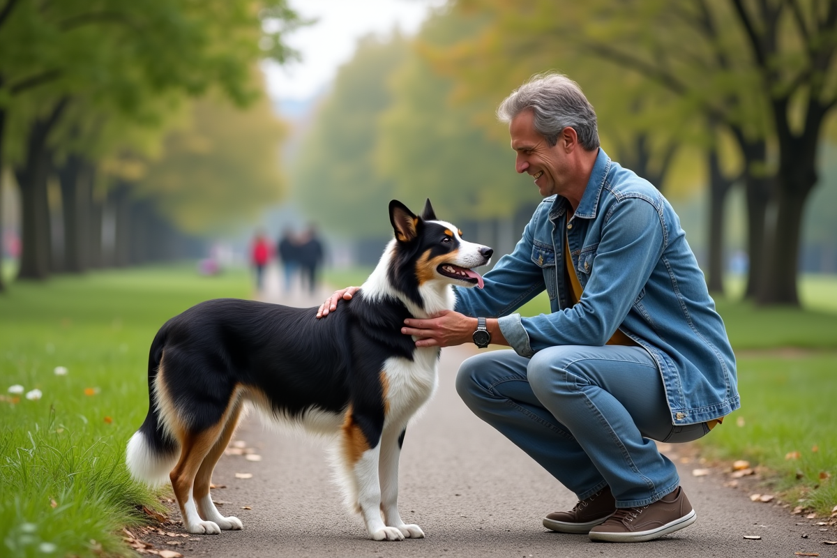 Homme avec border collie dans un parc urbain en plein air
