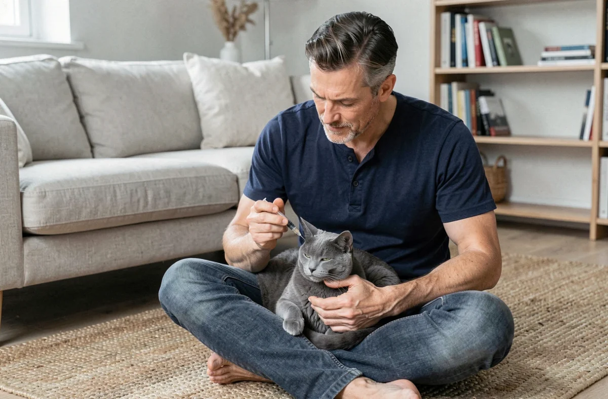 Homme administrant un complément naturel à un chat gris calme posé sur ses genoux dans un salon scandinave