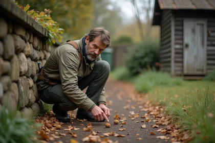 Homme d'âge moyen examinant des excréments d'animaux dans un jardin