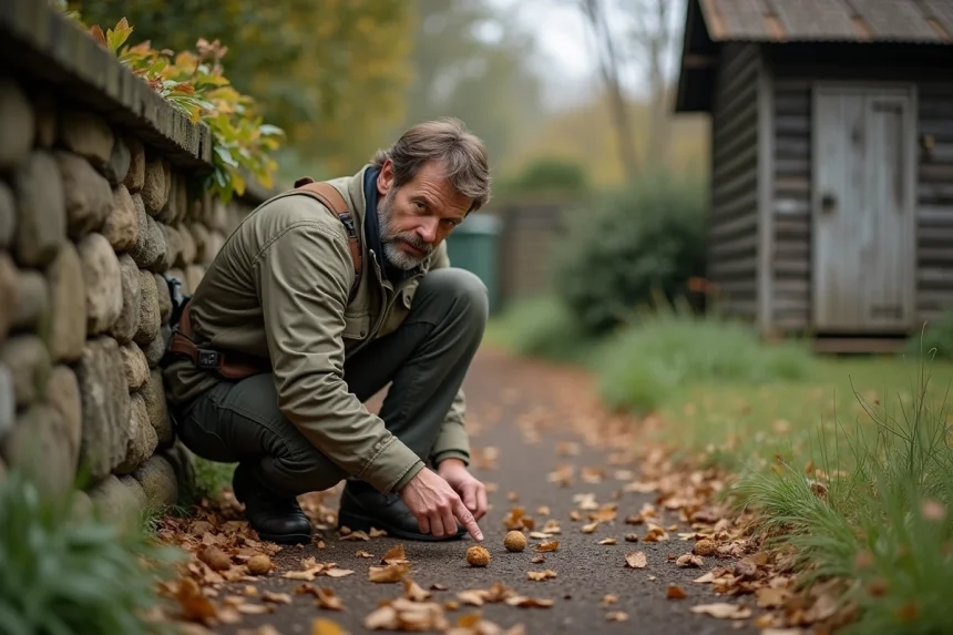 Homme d'âge moyen examinant des excréments d'animaux dans un jardin