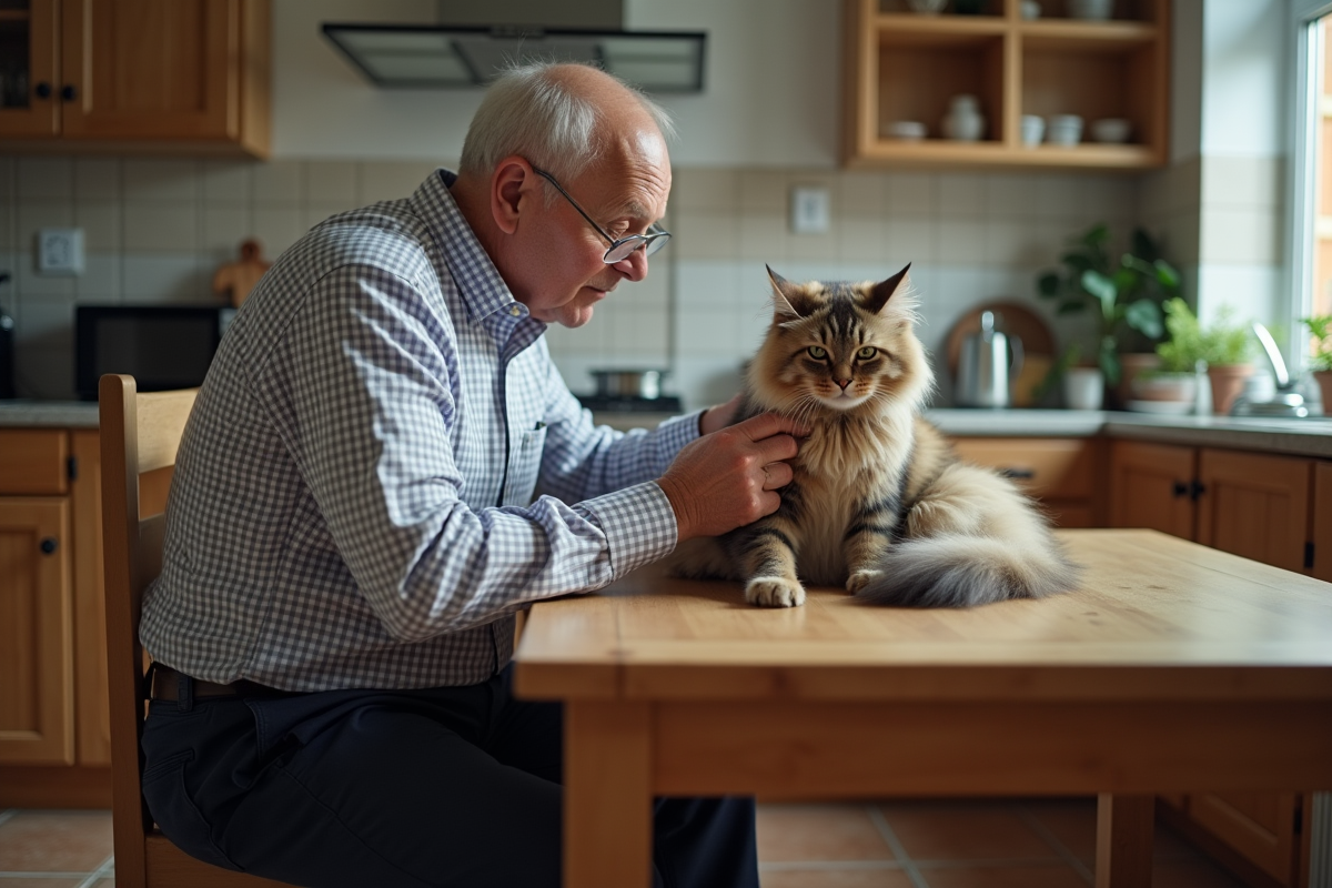 Homme inspectant le pelage de son chat persan à la cuisine