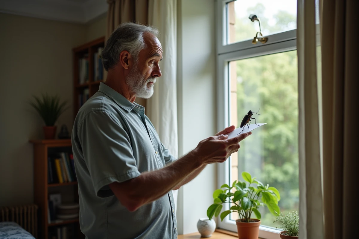 Homme aidant à faire sortir un insecte par la fenêtre