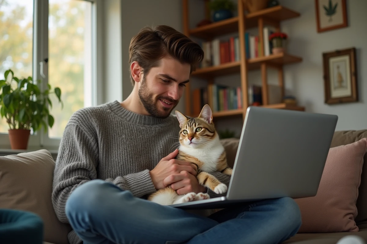 Jeune homme avec chat dans un salon cosy
