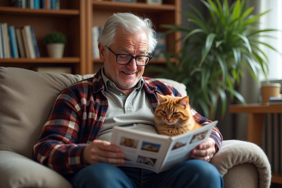 Homme âgé avec chat regardant brochures et tablette