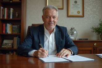 Homme d'âge moyen signant des documents dans un bureau élégant