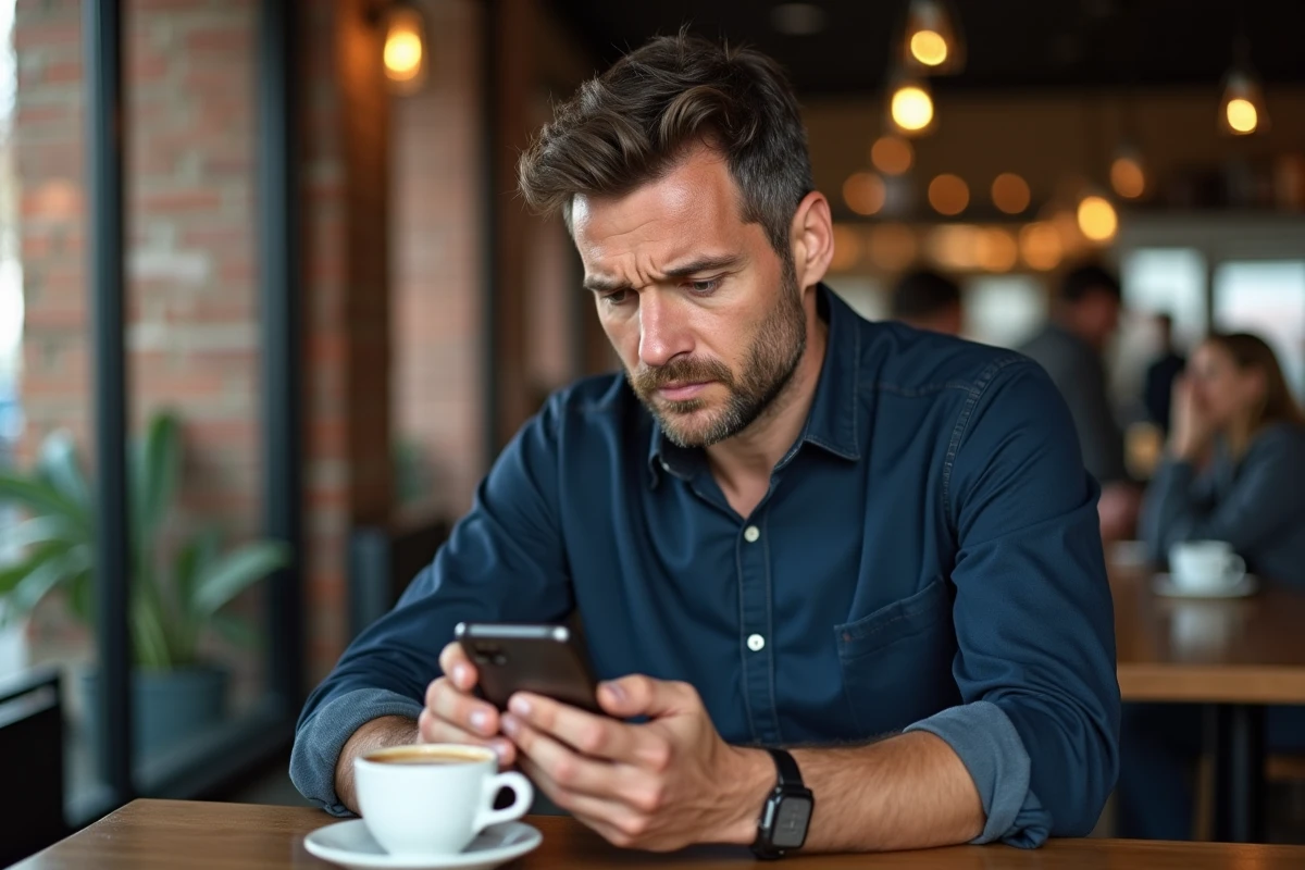 Homme scrutant attentivement un site web sur son smartphone dans un café, cherchant à éviter les arnaques en ligne