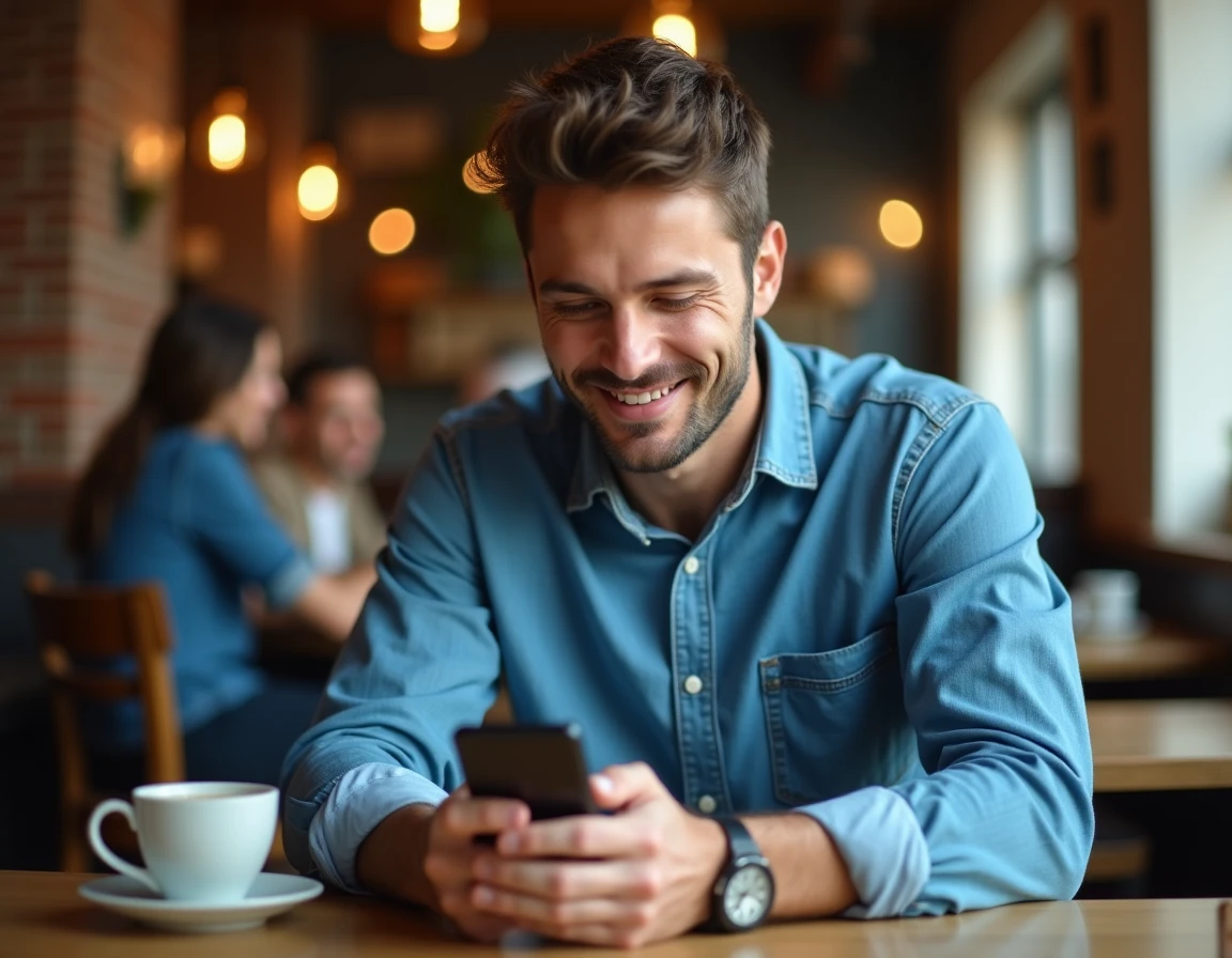 Homme consultant une application de tchat sur smartphone dans un café urbain