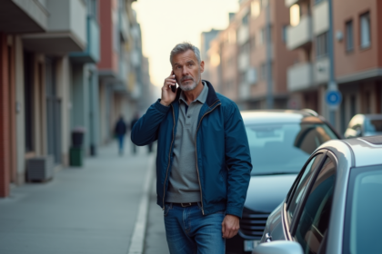 Homme d'âge moyen en ville avec smartphone et voiture