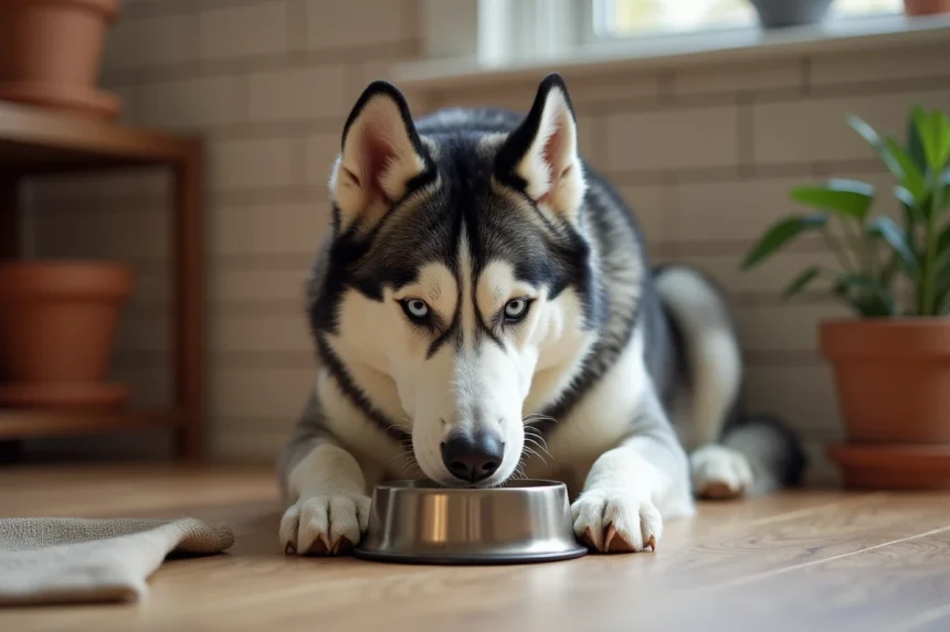 Husky sibérien adulte mangeant dans une gamelle en acier inoxydable posée sur un sol en bois dans une cuisine moderne