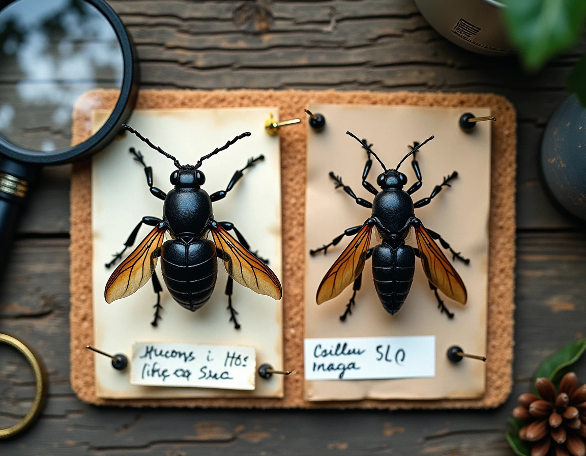 Comparaison d'identification de deux gros insectes noirs volants épinglés sur un tableau d'entomologiste avec loupe et étiquettes manuscrites