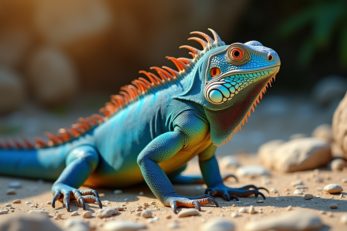 Iguane bleu iridescent au soleil sur un rocher