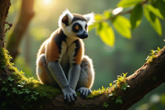 Lémur indri perché sur une branche dans la forêt tropicale