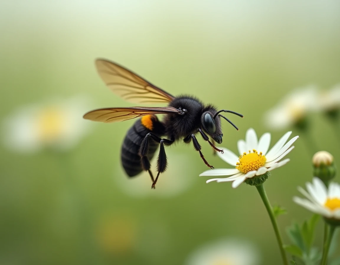 Grand insecte noir en vol au-dessus de fleurs sauvages blanches dans une prairie, capturé en plein mouvement avec les ailes légèrement floutées