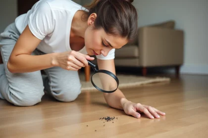 Femme inspectant des crottes de puce sur un parquet en bois clair avec une loupe, dans un salon moderne