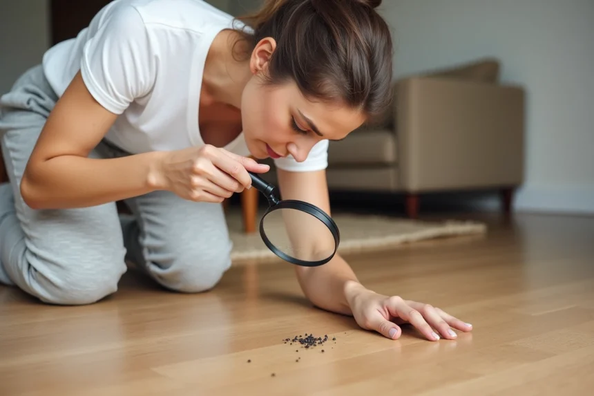 Femme inspectant des crottes de puce sur un parquet en bois clair avec une loupe, dans un salon moderne