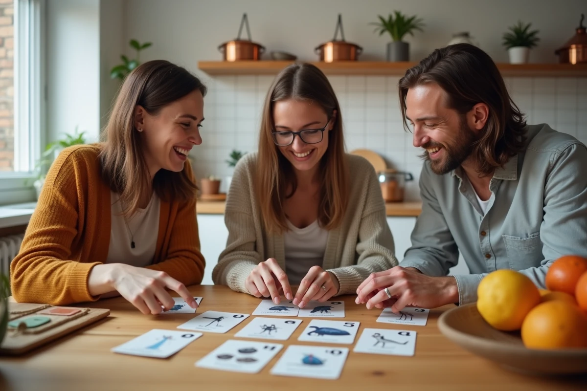 Groupe d'amis jouant à un jeu de cartes sur les animaux commençant par la lettre N