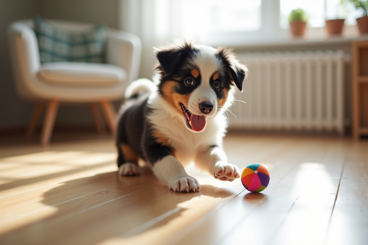 Chiot Australian Shepherd jouant avec un jouet coloré en intérieur