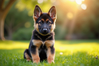 Jeune chiot berger allemand assis dans un jardin ensoleille