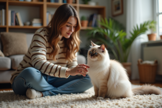 Jeune femme enseignant à un chat Ragdoll dans un salon chaleureux