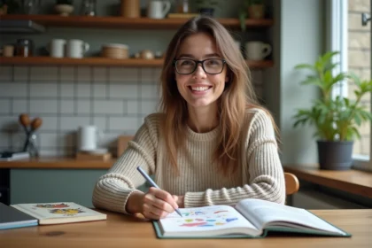 Jeune femme souriante dessinant des animaux en mnemonique