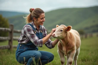 Femme fermeur en denim caresse une petite vache dans un pré