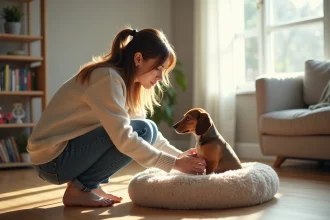 Jeune femme caressant un chiot dachshund dans un salon lumineux