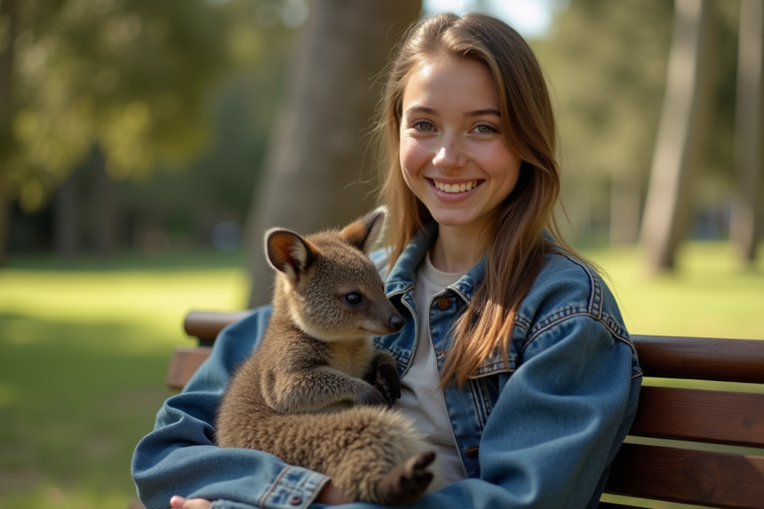Jeune femme avec un quokka dans un parc en plein air