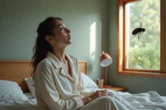 Jeune femme surprise face à un insecte volant au plafond