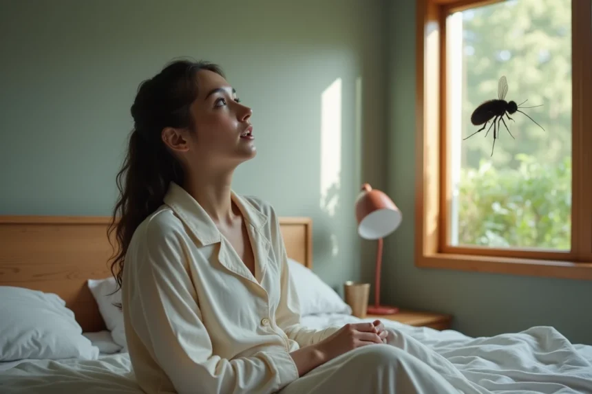 Jeune femme surprise face à un insecte volant au plafond