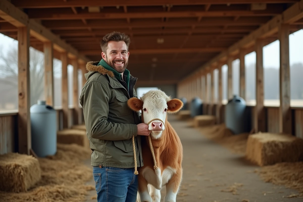 Jeune fermier dans une ferme avec une vache miniature