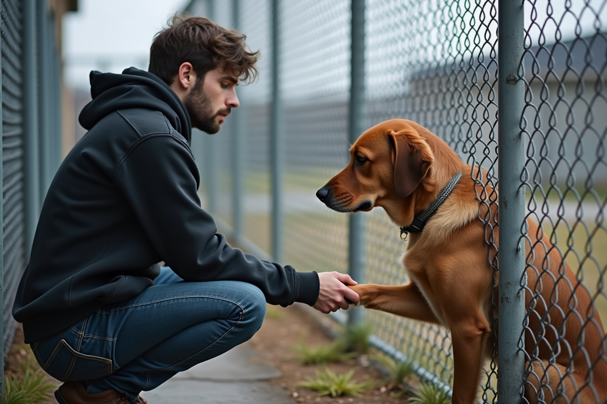 Jeune homme caressant un retriever dehors