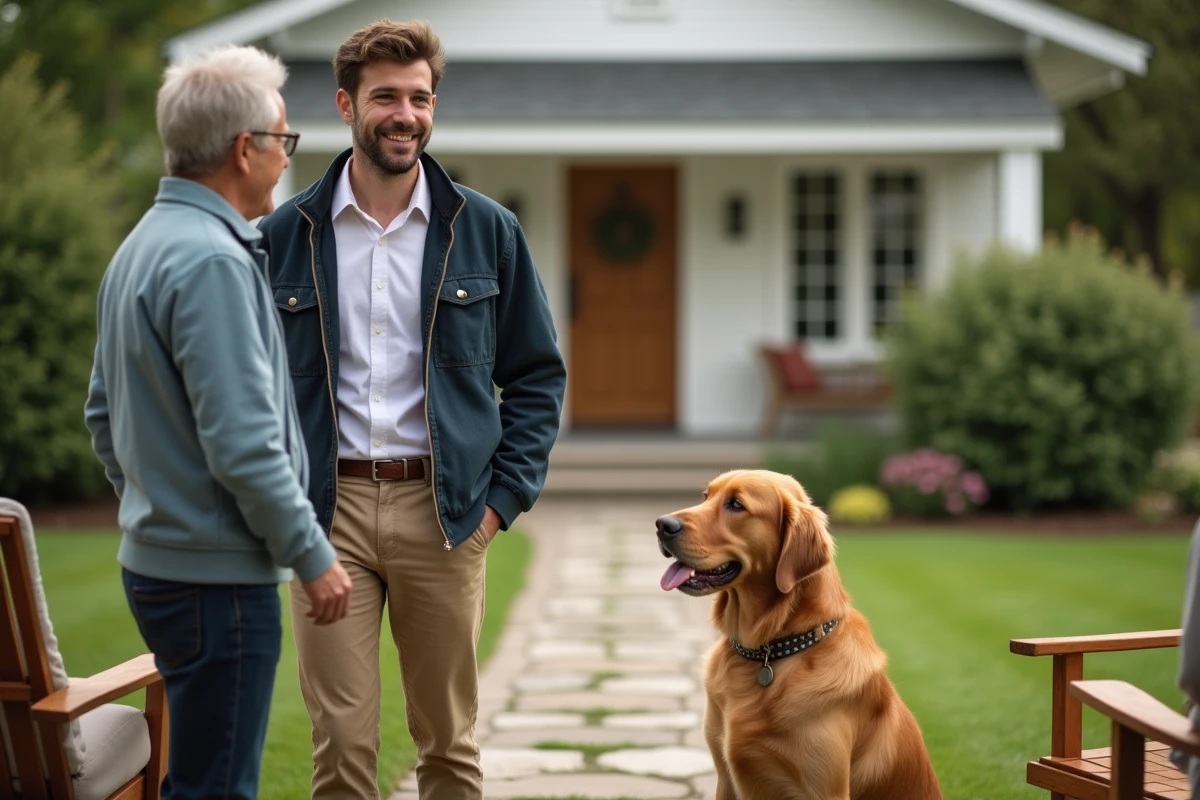 Jeune homme discutant avec un couple et leur chien dans le jardin