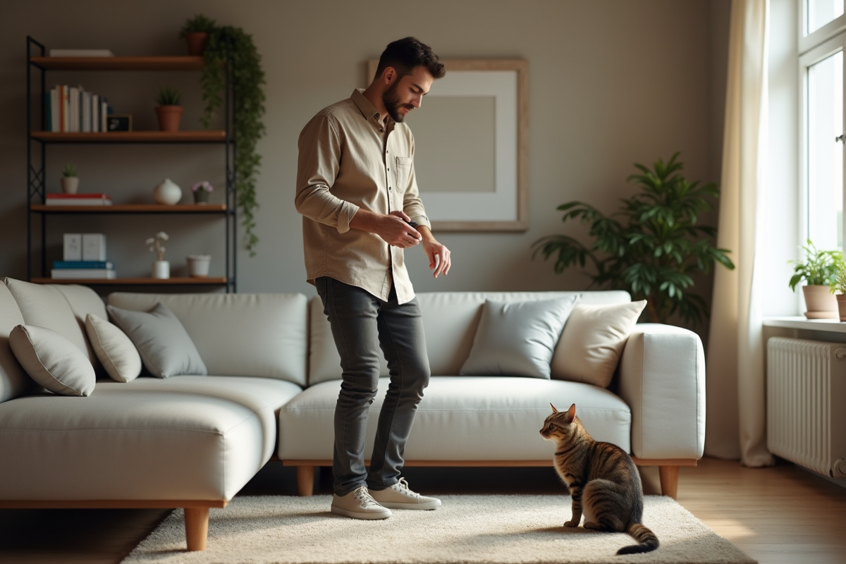 Jeune homme nettoyant un salon avec un chat domestique