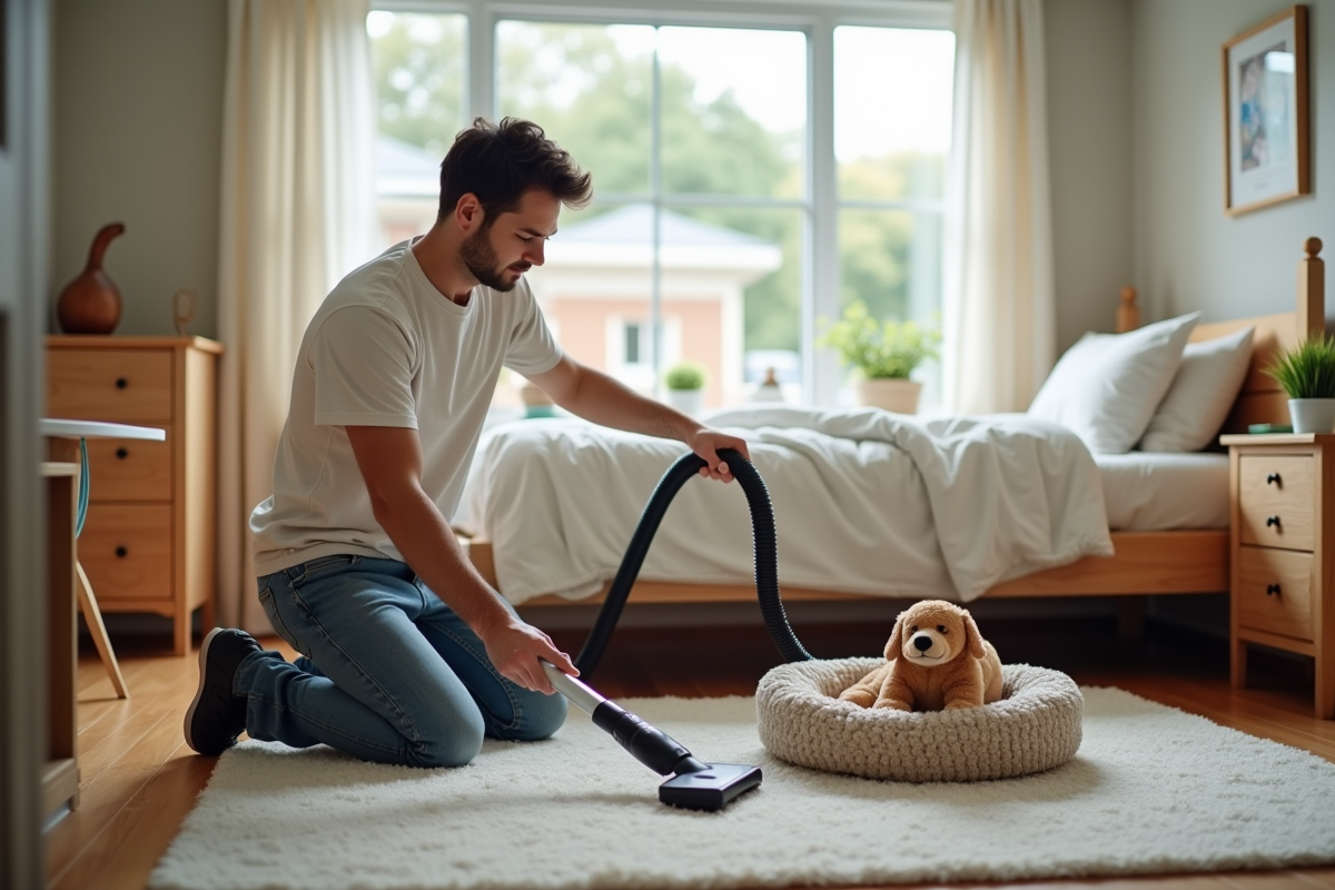 Jeune homme nettoyant le sol autour d