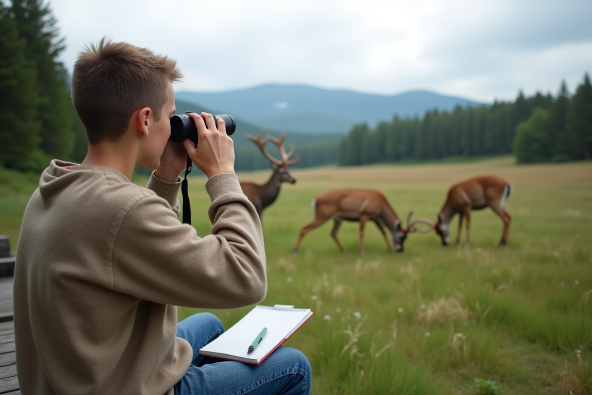 Adolescent regardant des cerfs dans la clairière