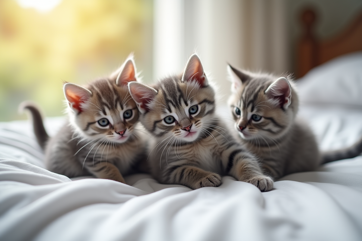 Plusieurs chatons gris jouant ensemble sur un lit blanc