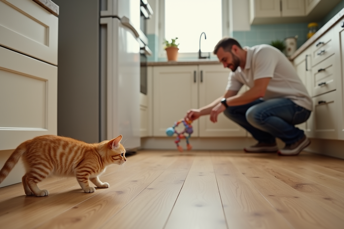 Chaton ginger jouant avec un jouet dans la cuisine lumineuse