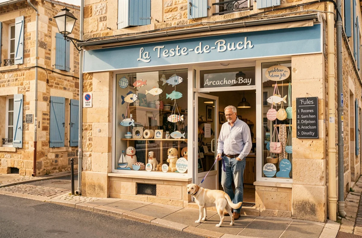 Devanture de Kokoon Animal Shop à La Teste-de-Buch avec décoration maritime et un client entrant avec son Labrador