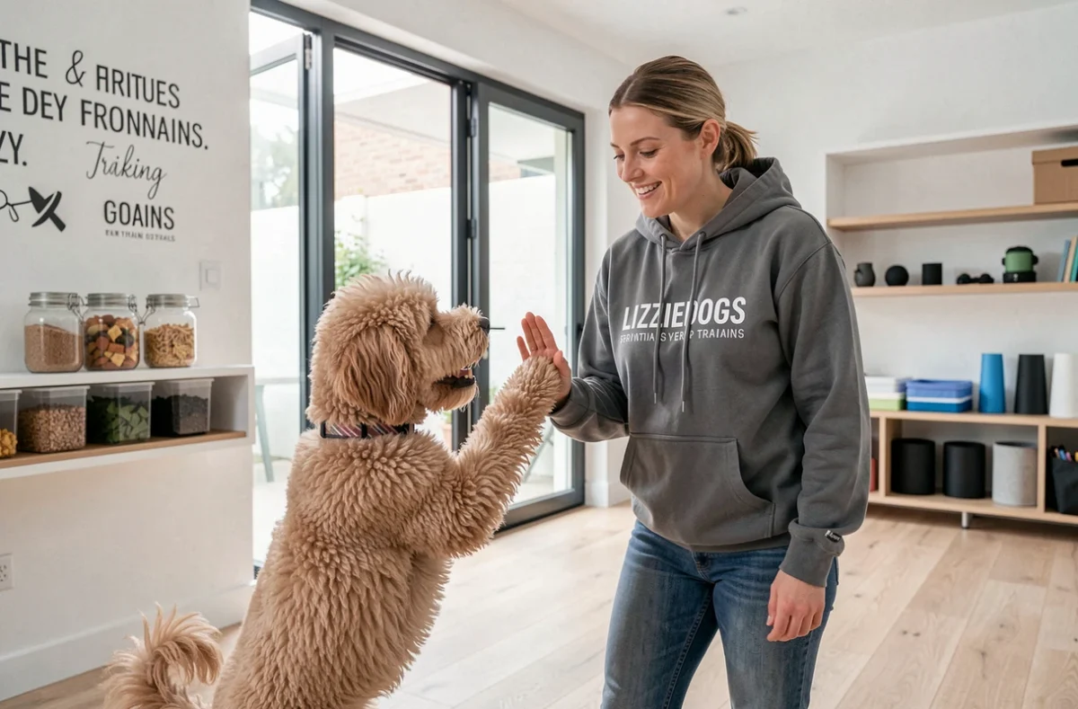Lizzie de LIZZIEDOGS travaille avec un Labradoodle enthousiaste dans son studio d'éducation canine moderne et lumineux
