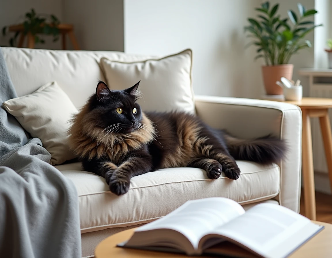 Maine Coon black smoke allongé dans un salon scandinave moderne, ambiance adoption réussie avec documents visibles
