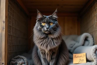 Maine Coon black smoke adulte assis dans un refuge d'adoption, regard expressif et fourrure soyeuse aux reflets argentés